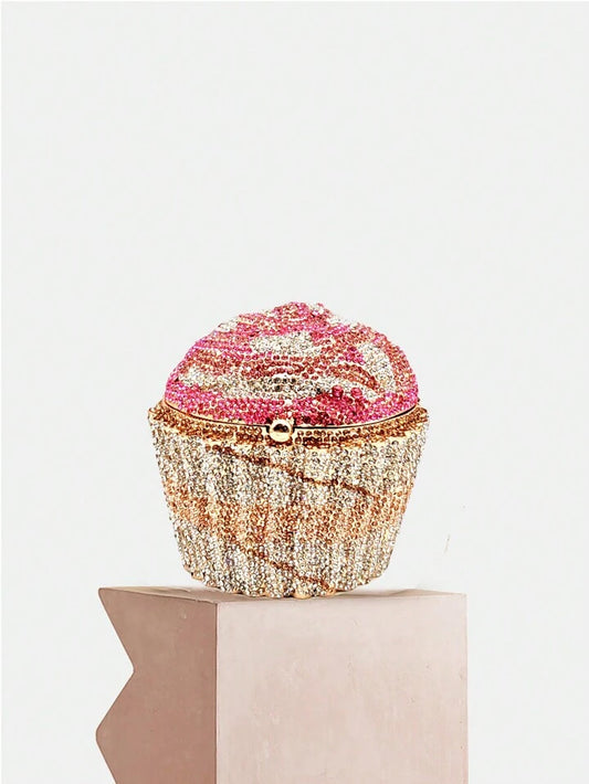 CM-BGS714011 Women Trendy Seoul Style Diamond Cupcake Design Crystal Clutch Bag With Metal Chain - Baby Pink