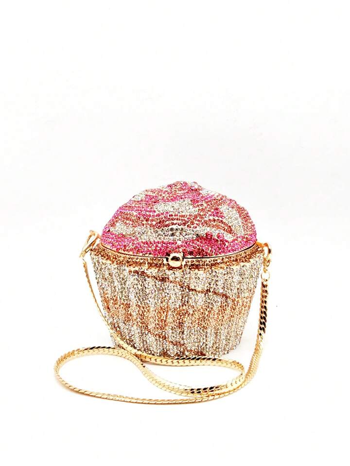 CM-BGS714011 Women Trendy Seoul Style Diamond Cupcake Design Crystal Clutch Bag With Metal Chain - Baby Pink