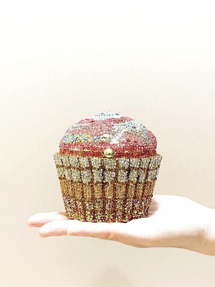 CM-BGS714011 Women Trendy Seoul Style Diamond Cupcake Design Crystal Clutch Bag With Metal Chain - Baby Pink
