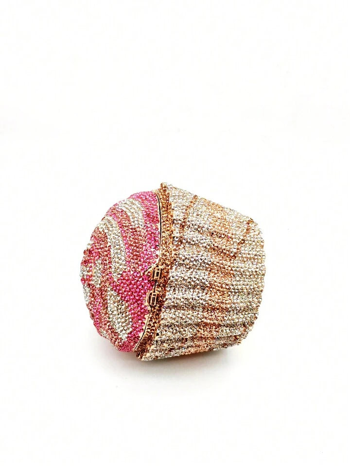 CM-BGS714011 Women Trendy Seoul Style Diamond Cupcake Design Crystal Clutch Bag With Metal Chain - Baby Pink