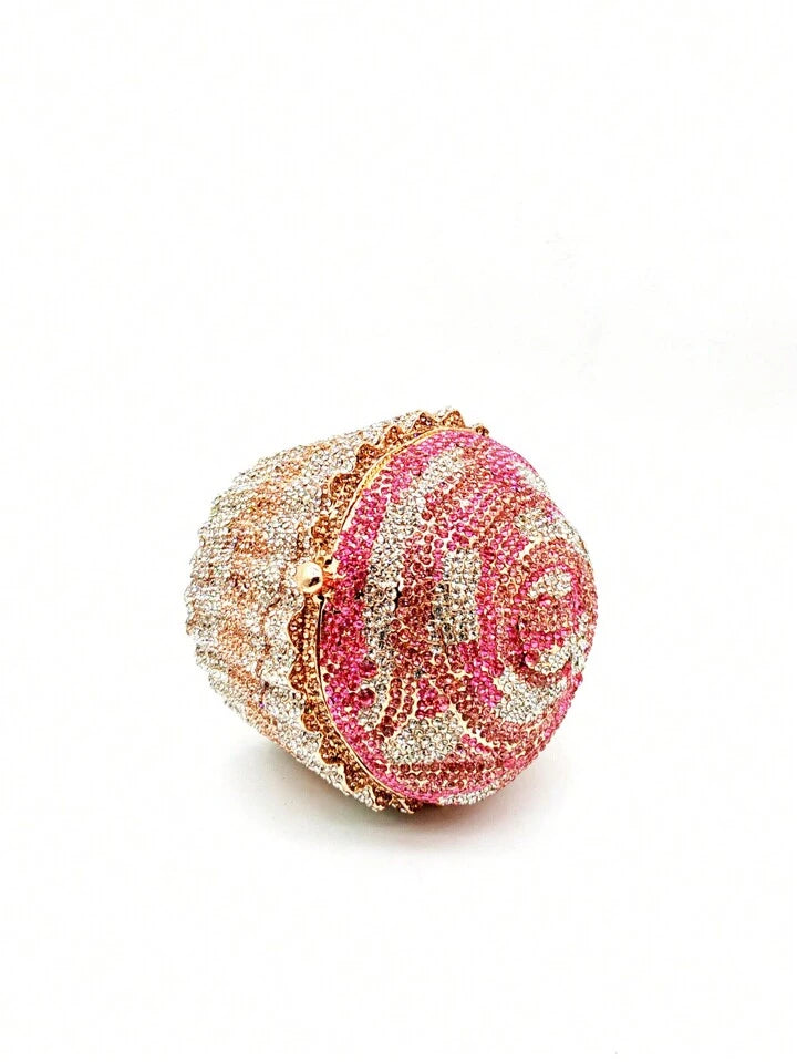 CM-BGS714011 Women Trendy Seoul Style Diamond Cupcake Design Crystal Clutch Bag With Metal Chain - Baby Pink