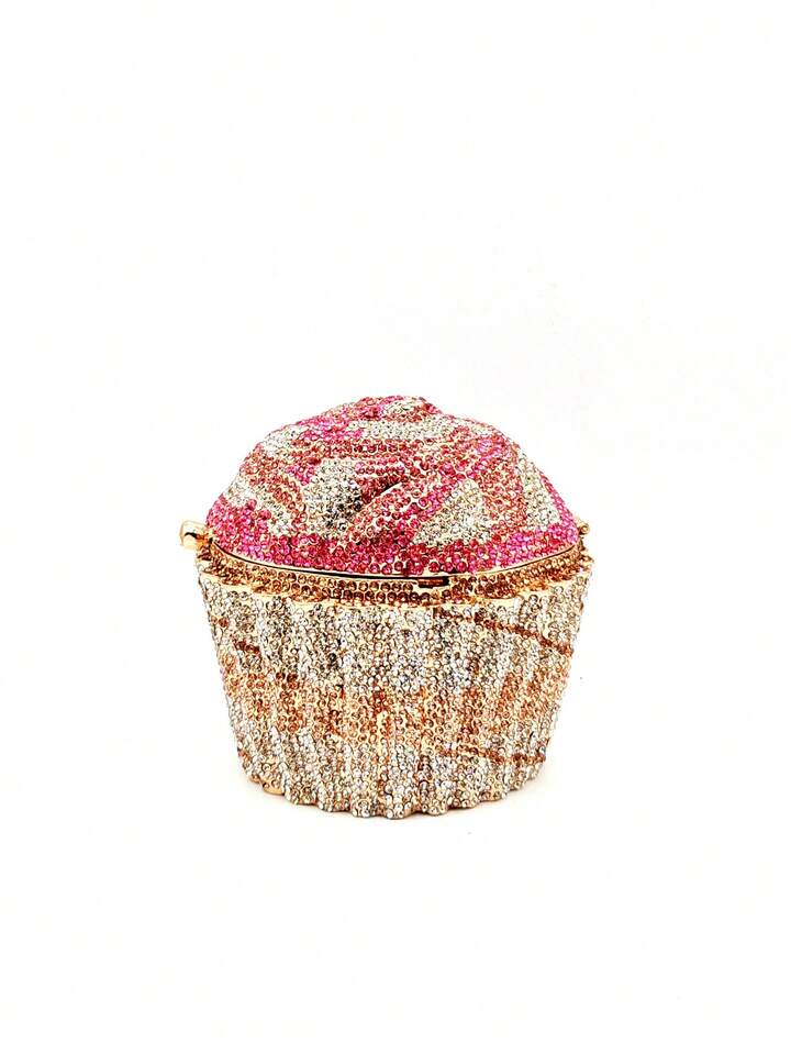CM-BGS714011 Women Trendy Seoul Style Diamond Cupcake Design Crystal Clutch Bag With Metal Chain - Baby Pink