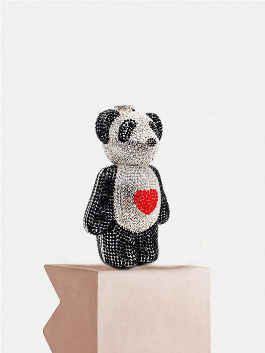 CM-BGS871096 Women Trendy Seoul Style Bear Shaped Rhinestones Crystal Evening Clutch Bag - Black