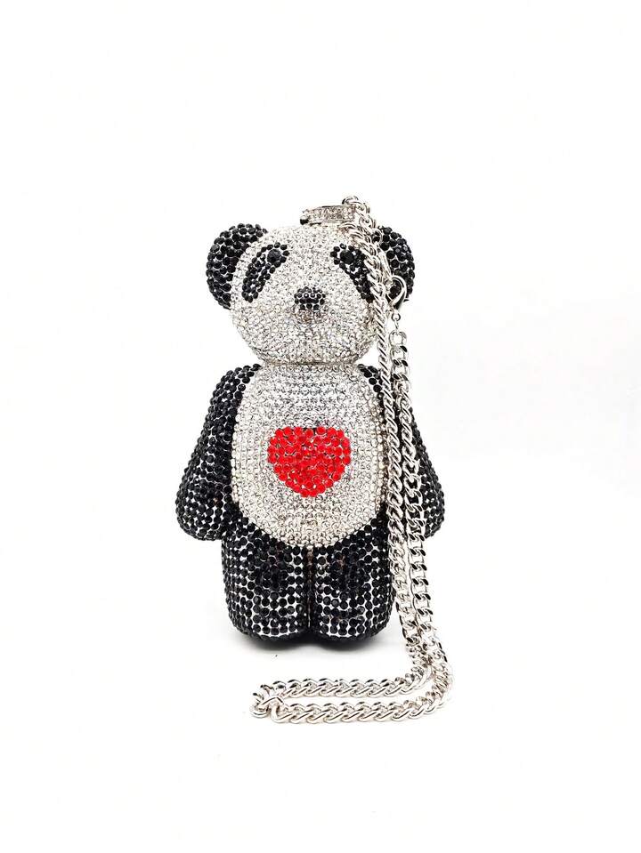 CM-BGS871096 Women Trendy Seoul Style Bear Shaped Rhinestones Crystal Evening Clutch Bag - Black