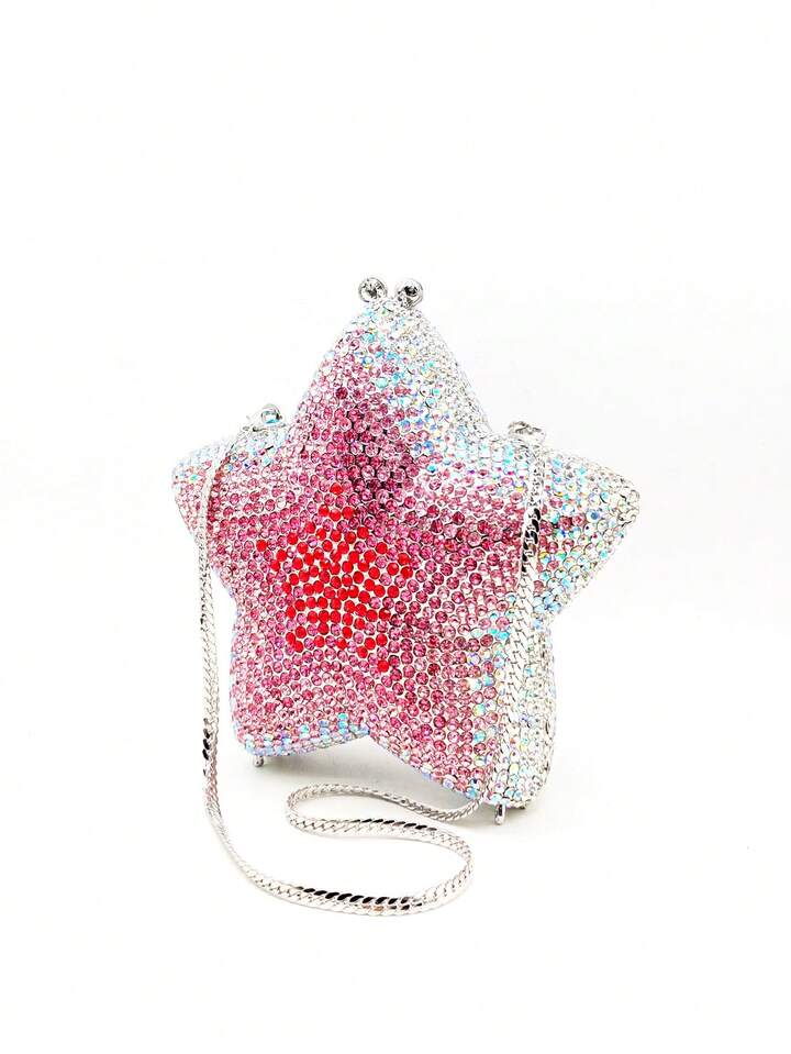 CM-BGS369949 Women Trendy Seoul Style Blingbling Rhinestone Star Shaped Clutch Purse - Baby Pink
