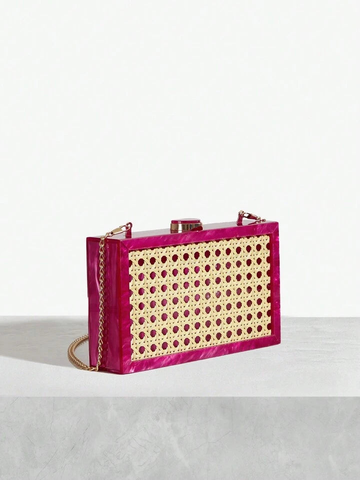 CM-BGS774412 Women Trendy Seoul Style Ratten Weaving Crossbody Bag - Hot Pink