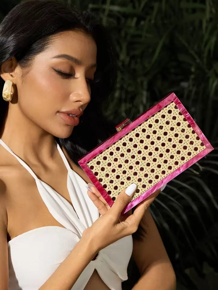 CM-BGS774412 Women Trendy Seoul Style Ratten Weaving Crossbody Bag - Hot Pink