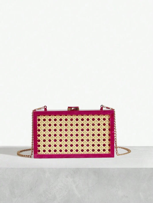 CM-BGS774412 Women Trendy Seoul Style Ratten Weaving Crossbody Bag - Hot Pink
