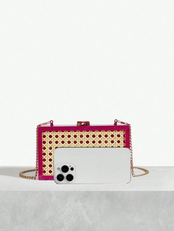 CM-BGS774412 Women Trendy Seoul Style Ratten Weaving Crossbody Bag - Hot Pink