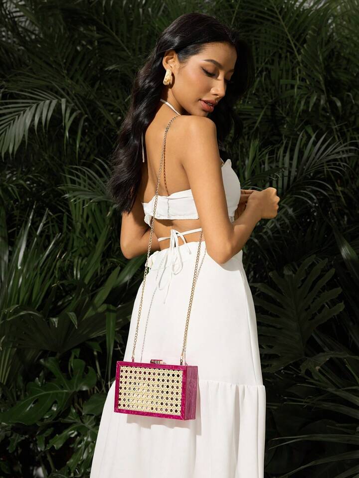 CM-BGS774412 Women Trendy Seoul Style Ratten Weaving Crossbody Bag - Hot Pink