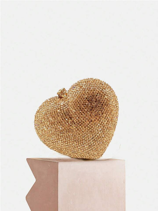 CM-BGS127386 Women Trendy Seoul Style Heart Shaped Crystal Clutch Purse Gold Stones Evening Clutch