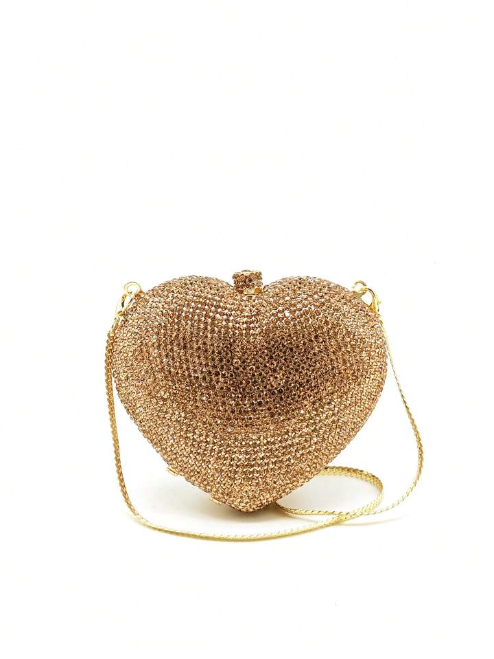 CM-BGS127386 Women Trendy Seoul Style Heart Shaped Crystal Clutch Purse Gold Stones Evening Clutch