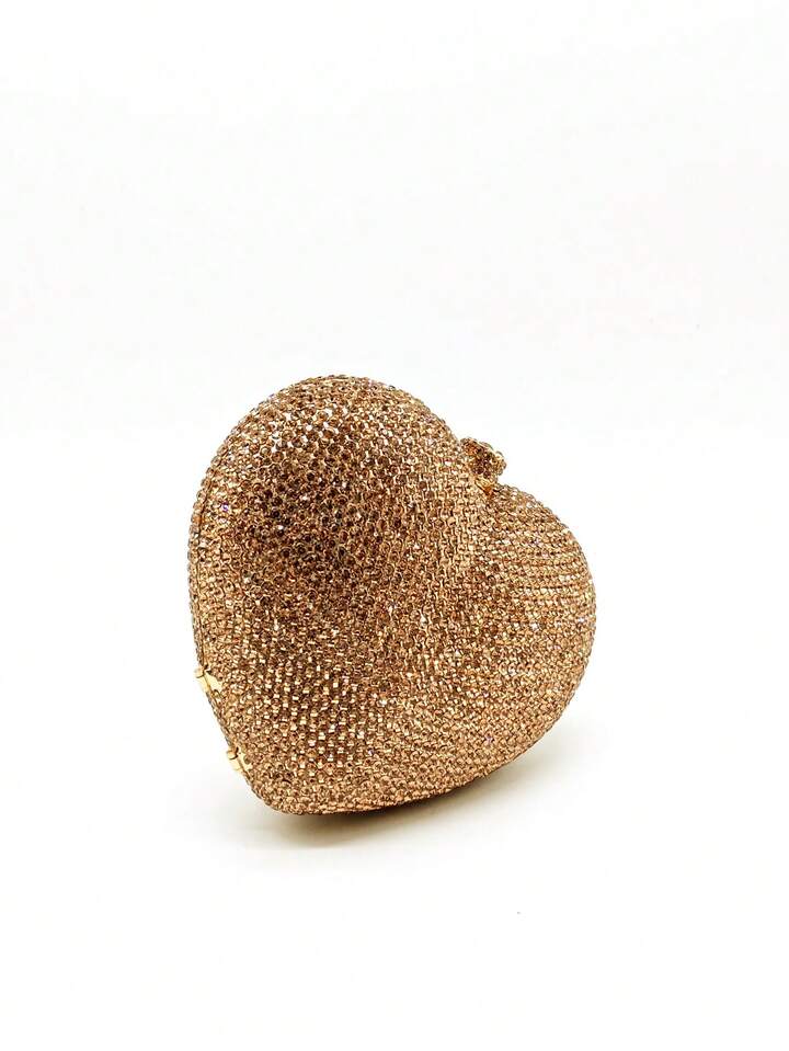 CM-BGS127386 Women Trendy Seoul Style Heart Shaped Crystal Clutch Purse Gold Stones Evening Clutch