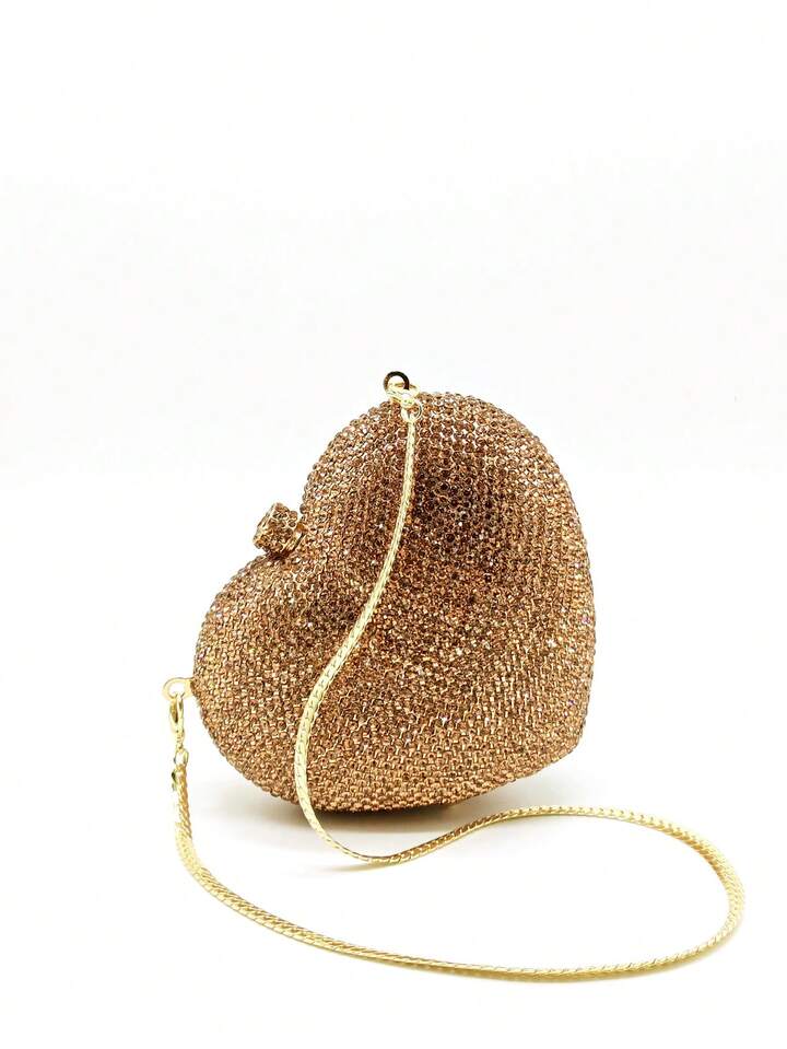 CM-BGS127386 Women Trendy Seoul Style Heart Shaped Crystal Clutch Purse Gold Stones Evening Clutch