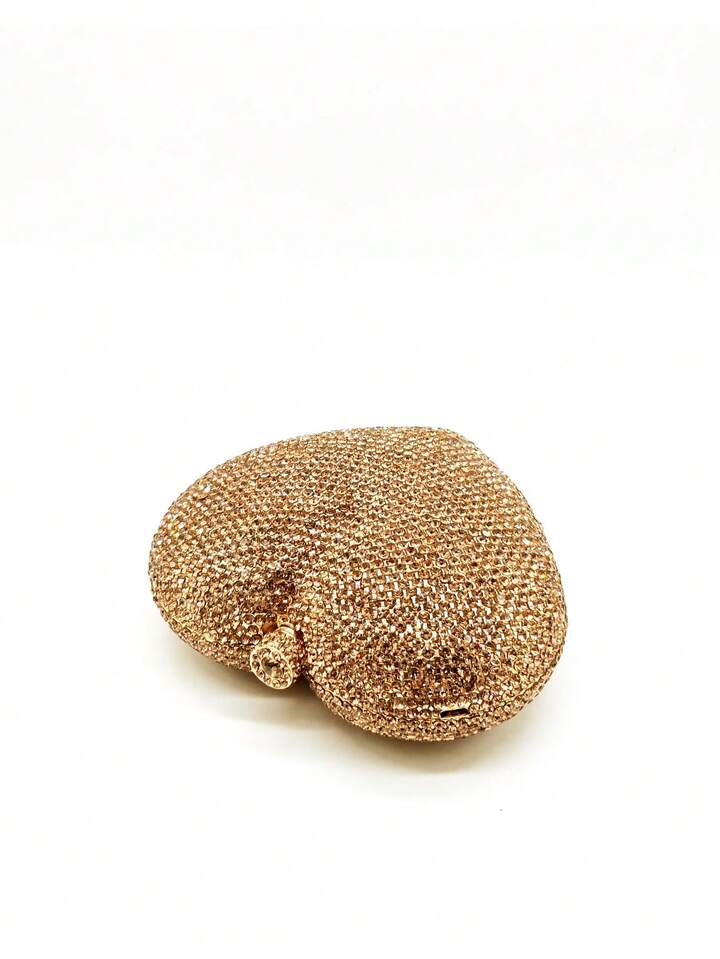 CM-BGS127386 Women Trendy Seoul Style Heart Shaped Crystal Clutch Purse Gold Stones Evening Clutch
