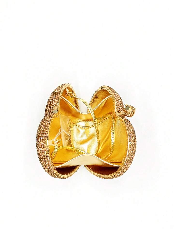 CM-BGS127386 Women Trendy Seoul Style Heart Shaped Crystal Clutch Purse Gold Stones Evening Clutch