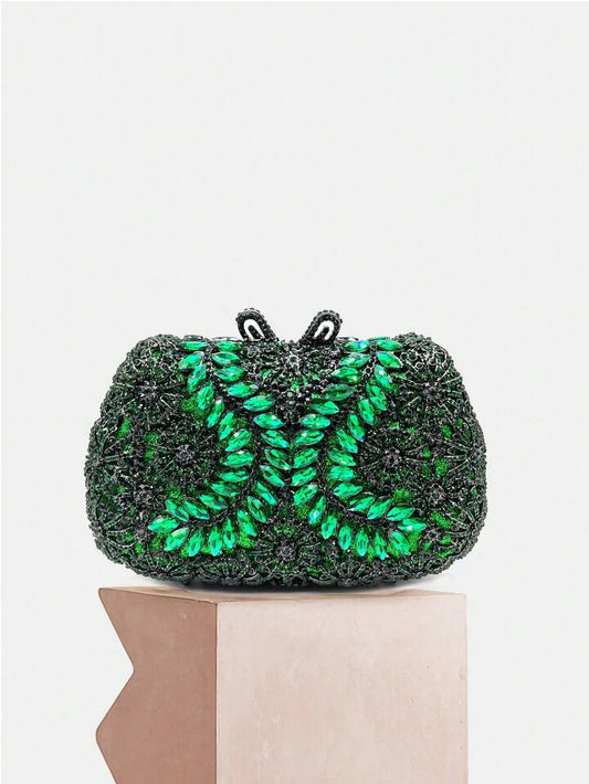 CM-BGS781136 Women Trendy Seoul Style Multicolor Floral Design Crystal Clutch Bag - Dark Green
