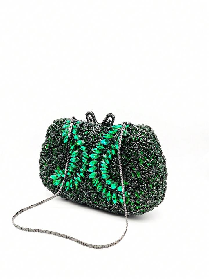 CM-BGS781136 Women Trendy Seoul Style Multicolor Floral Design Crystal Clutch Bag - Dark Green