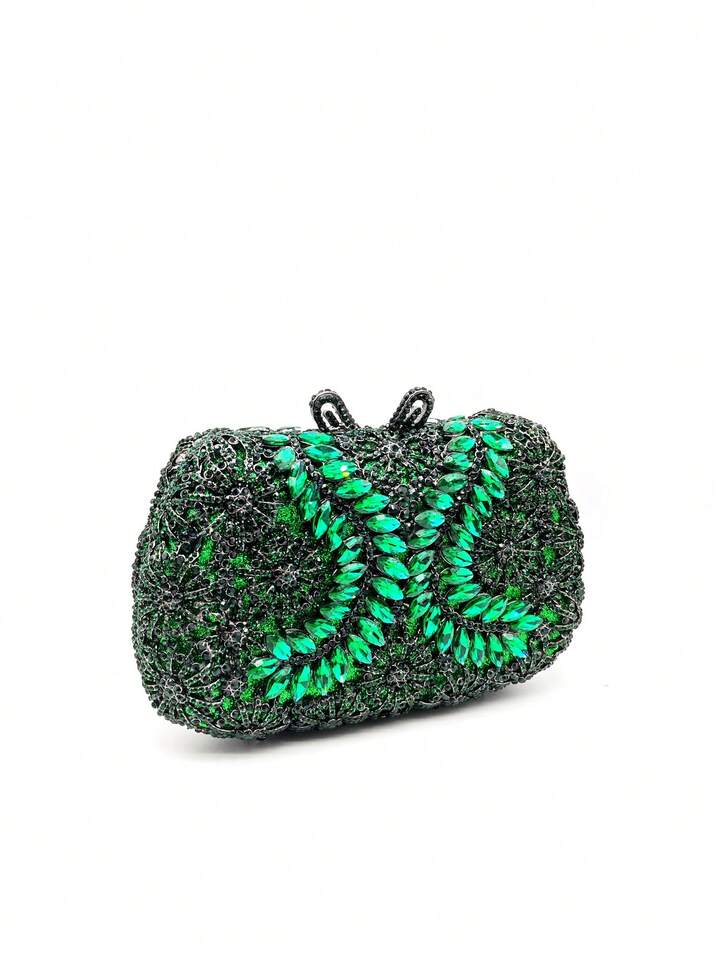 CM-BGS781136 Women Trendy Seoul Style Multicolor Floral Design Crystal Clutch Bag - Dark Green