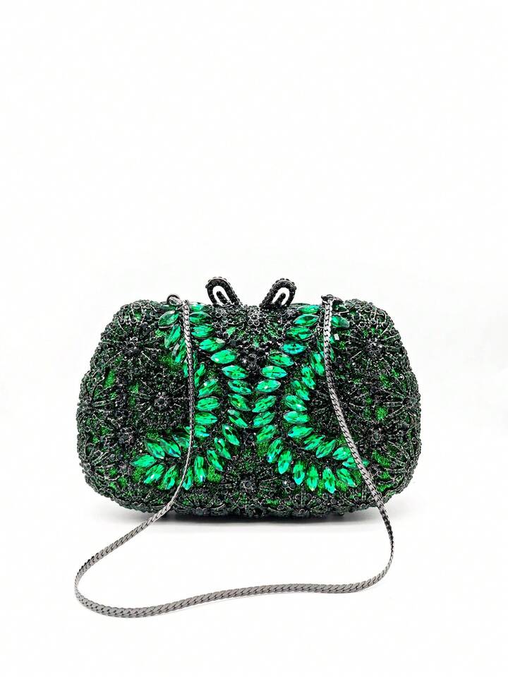 CM-BGS781136 Women Trendy Seoul Style Multicolor Floral Design Crystal Clutch Bag - Dark Green