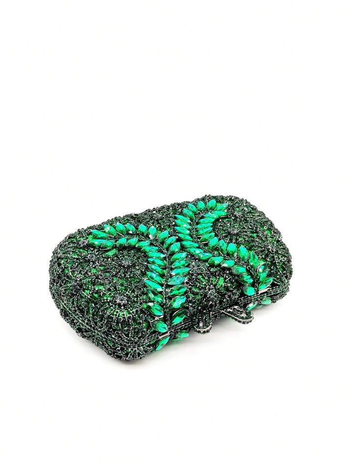 CM-BGS781136 Women Trendy Seoul Style Multicolor Floral Design Crystal Clutch Bag - Dark Green