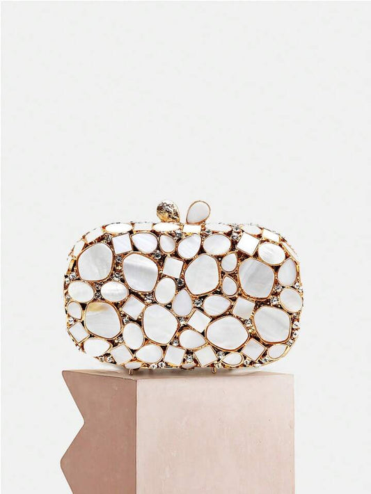 CM-BGS154044 Womn Trendy Seoul Style Faux Shell Crystal Handmade Evening Clutch Handbag - Gold