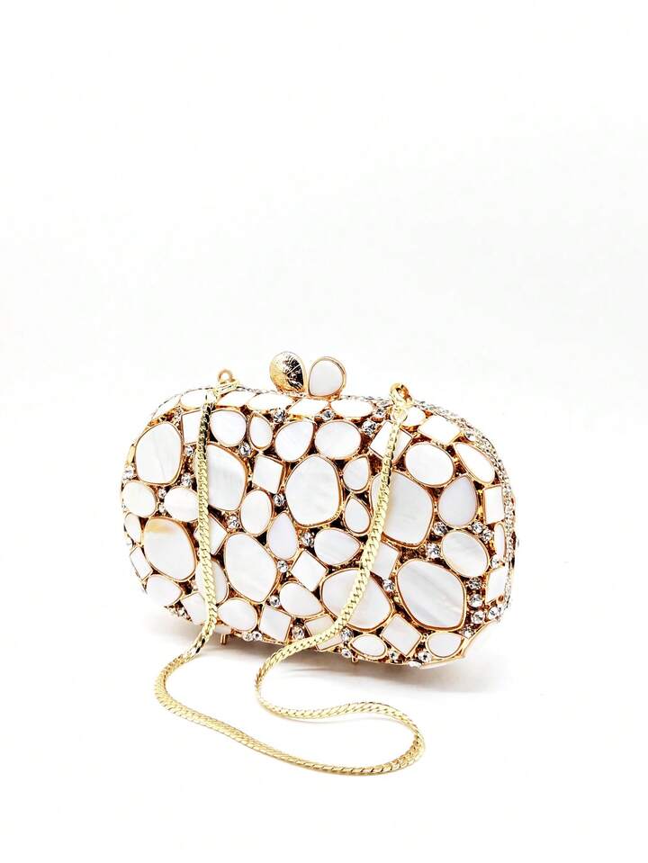 CM-BGS154044 Womn Trendy Seoul Style Faux Shell Crystal Handmade Evening Clutch Handbag - Gold