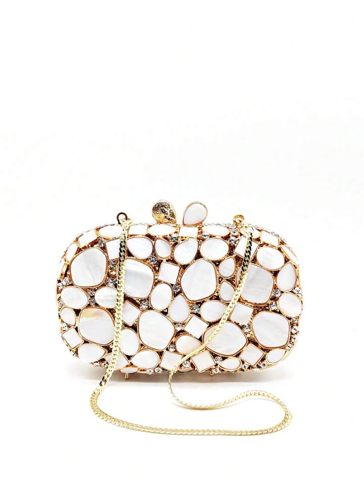 CM-BGS154044 Womn Trendy Seoul Style Faux Shell Crystal Handmade Evening Clutch Handbag - Gold