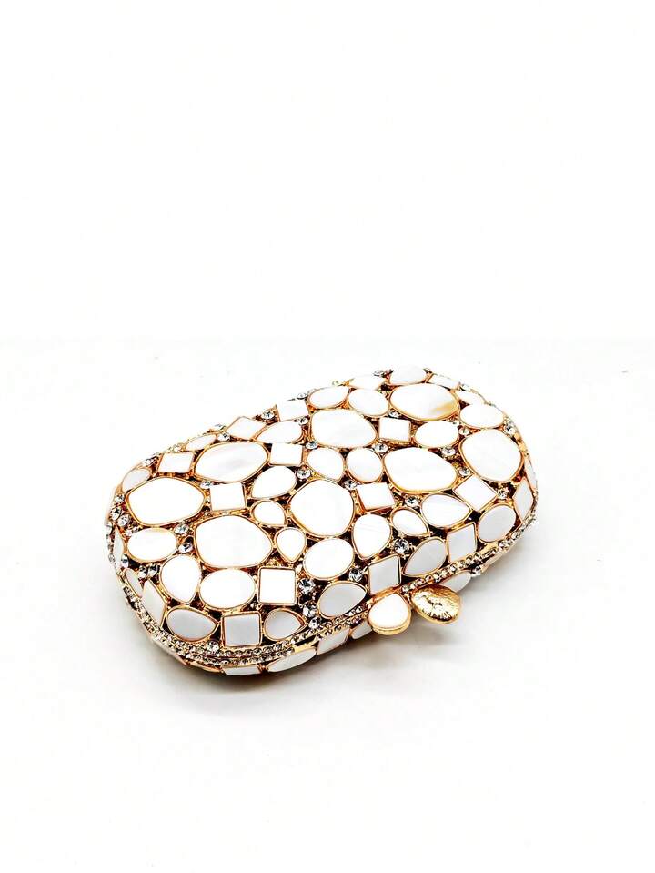 CM-BGS154044 Womn Trendy Seoul Style Faux Shell Crystal Handmade Evening Clutch Handbag - Gold