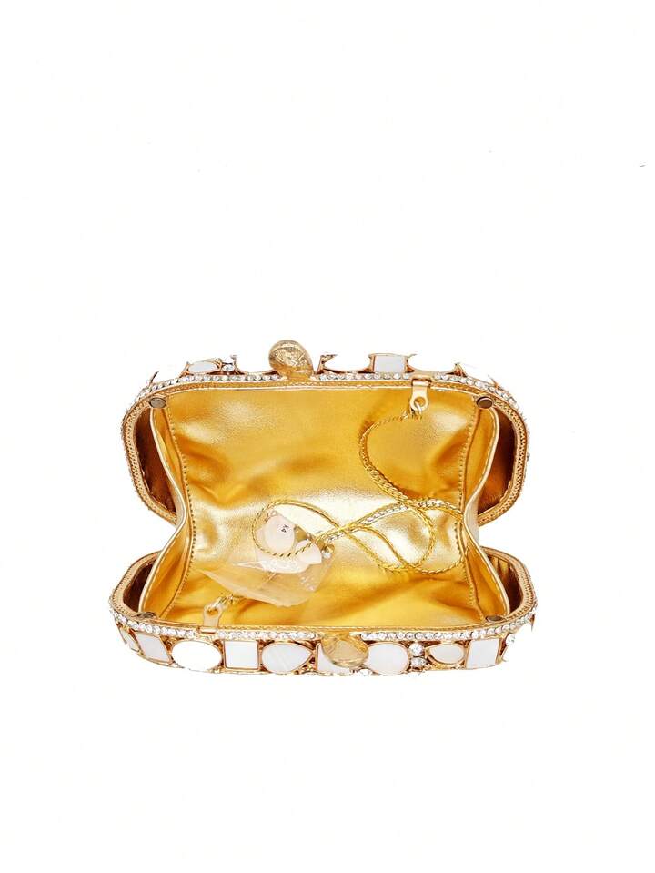 CM-BGS154044 Womn Trendy Seoul Style Faux Shell Crystal Handmade Evening Clutch Handbag - Gold