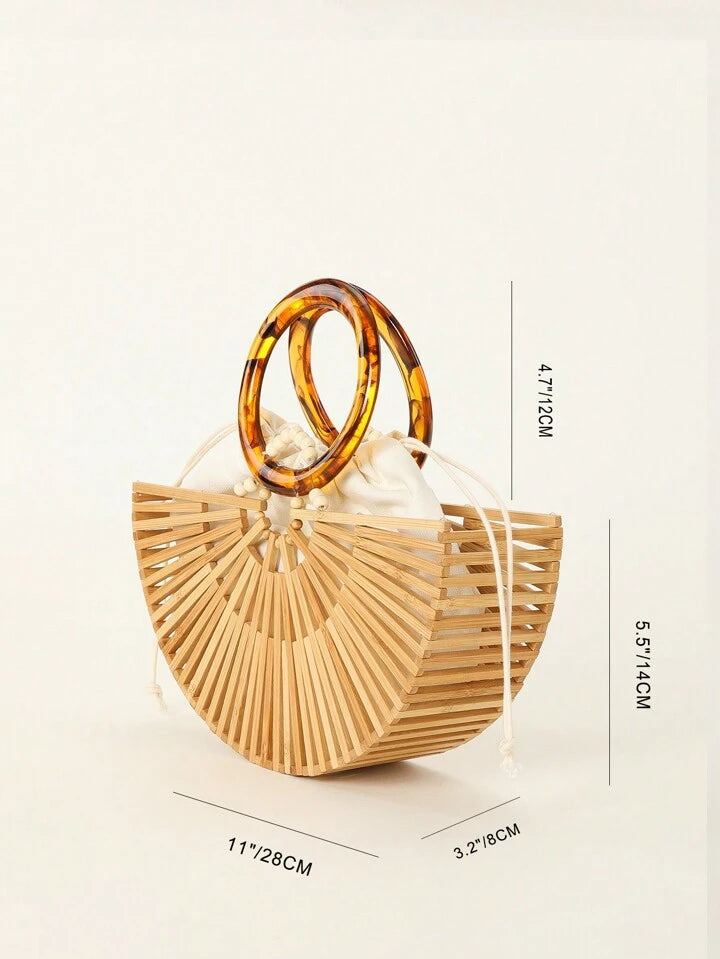 CM-BGS387662 Women Trendy Seoul Style Acrylic Hollow Out Bamboo Design Beach Bag With Drawstring Inner Bag
