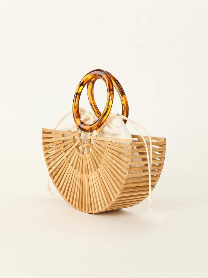 CM-BGS387662 Women Trendy Seoul Style Acrylic Hollow Out Bamboo Design Beach Bag With Drawstring Inner Bag