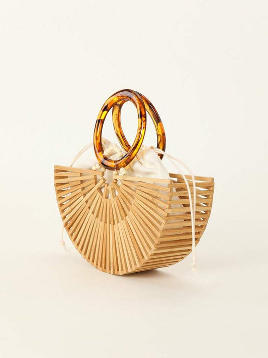 CM-BGS387662 Women Trendy Seoul Style Acrylic Hollow Out Bamboo Design Beach Bag With Drawstring Inner Bag