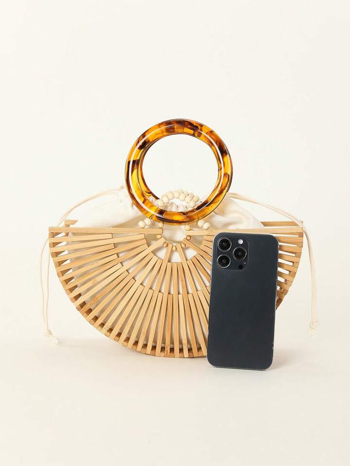 CM-BGS387662 Women Trendy Seoul Style Acrylic Hollow Out Bamboo Design Beach Bag With Drawstring Inner Bag