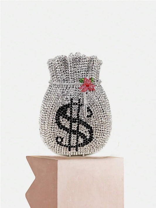 CM-BGS854223 Women Trendy Seoul Style Hollow Metal Crystal Money Pouch Shaped Evening Bag - Silver