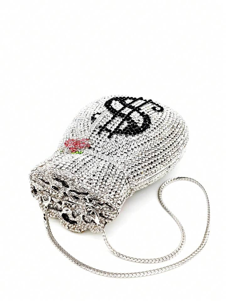 CM-BGS854223 Women Trendy Seoul Style Hollow Metal Crystal Money Pouch Shaped Evening Bag - Silver