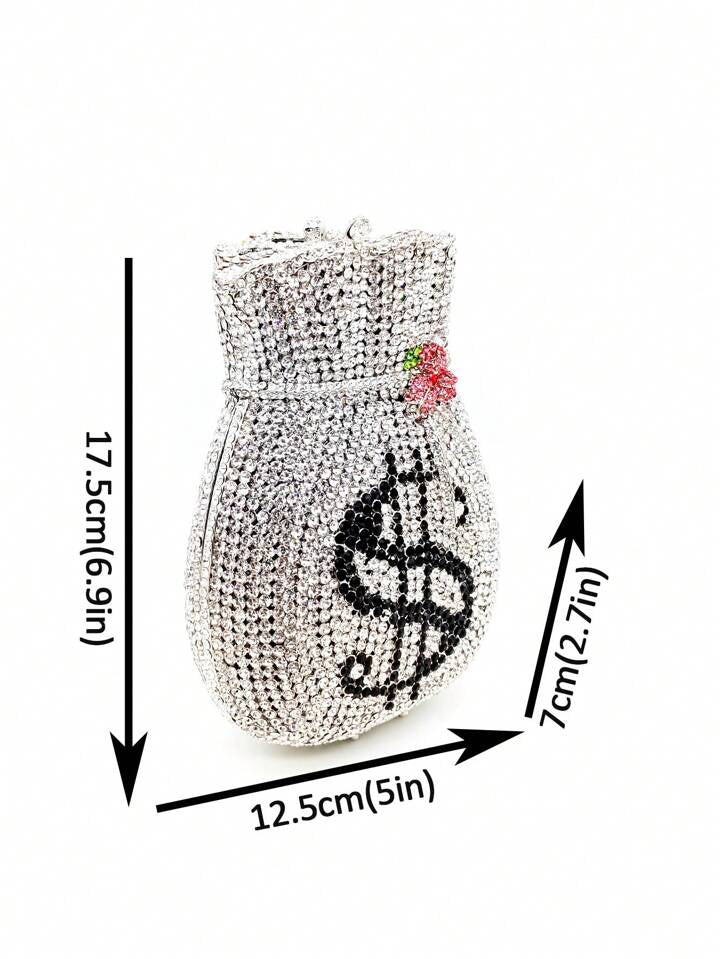 CM-BGS854223 Women Trendy Seoul Style Hollow Metal Crystal Money Pouch Shaped Evening Bag - Silver