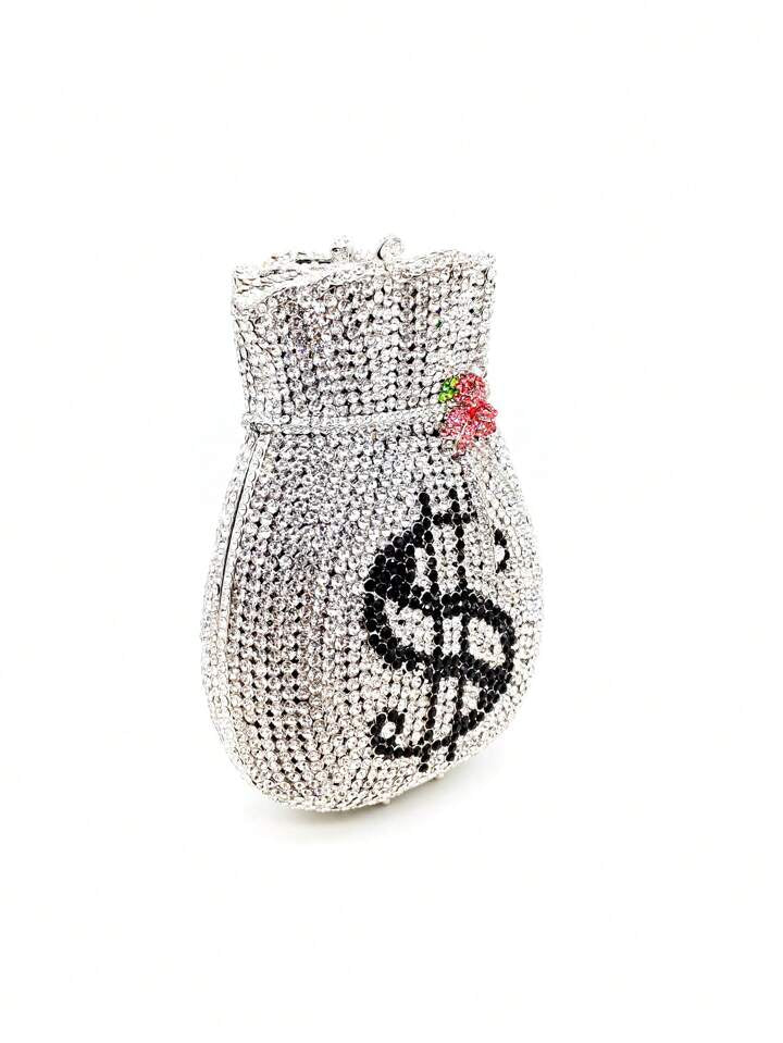 CM-BGS854223 Women Trendy Seoul Style Hollow Metal Crystal Money Pouch Shaped Evening Bag - Silver