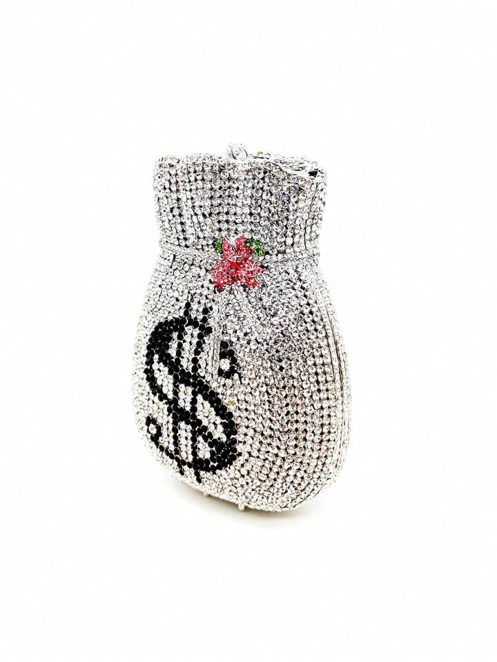 CM-BGS854223 Women Trendy Seoul Style Hollow Metal Crystal Money Pouch Shaped Evening Bag - Silver