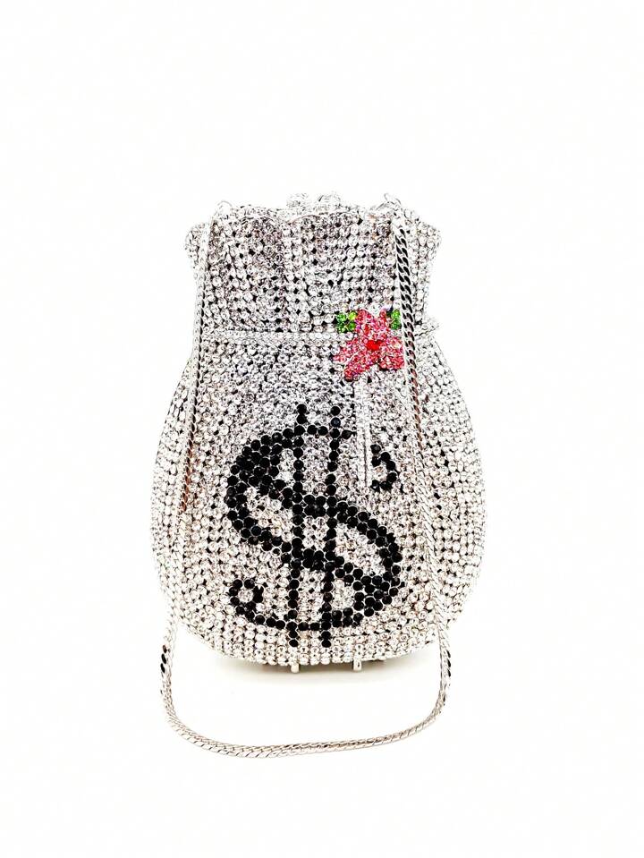 CM-BGS854223 Women Trendy Seoul Style Hollow Metal Crystal Money Pouch Shaped Evening Bag - Silver