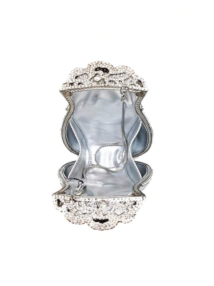 CM-BGS854223 Women Trendy Seoul Style Hollow Metal Crystal Money Pouch Shaped Evening Bag - Silver