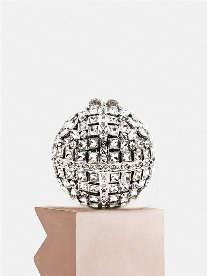CM-BGS455581 Women Trendy Seoul Style Rhinestone Crystal Ball Shaped Evening Clutch Bag With Chain - Silver