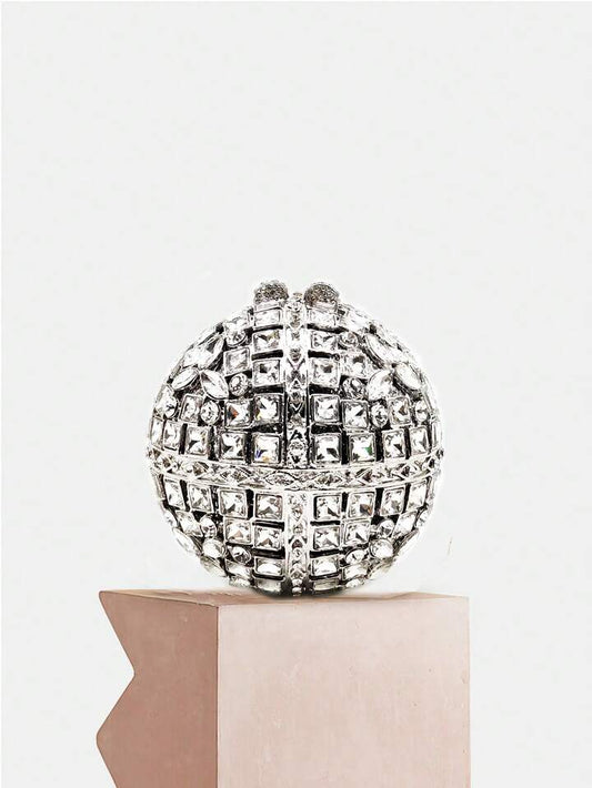 CM-BGS455581 Women Trendy Seoul Style Rhinestone Crystal Ball Shaped Evening Clutch Bag With Chain - Silver