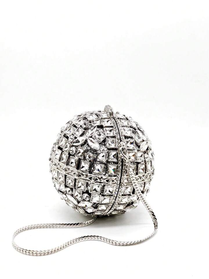 CM-BGS455581 Women Trendy Seoul Style Rhinestone Crystal Ball Shaped Evening Clutch Bag With Chain - Silver