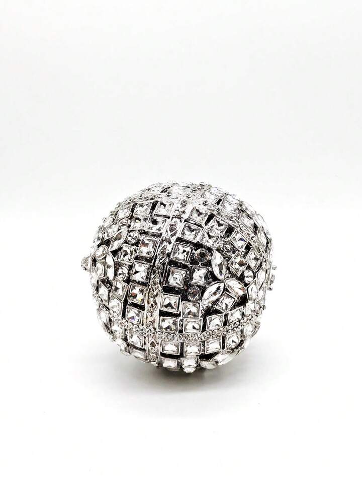 CM-BGS455581 Women Trendy Seoul Style Rhinestone Crystal Ball Shaped Evening Clutch Bag With Chain - Silver