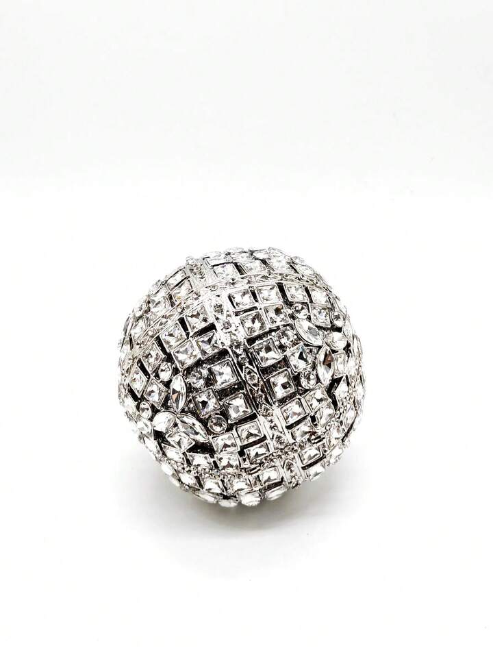 CM-BGS455581 Women Trendy Seoul Style Rhinestone Crystal Ball Shaped Evening Clutch Bag With Chain - Silver