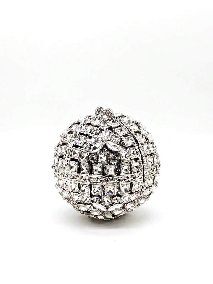 CM-BGS455581 Women Trendy Seoul Style Rhinestone Crystal Ball Shaped Evening Clutch Bag With Chain - Silver