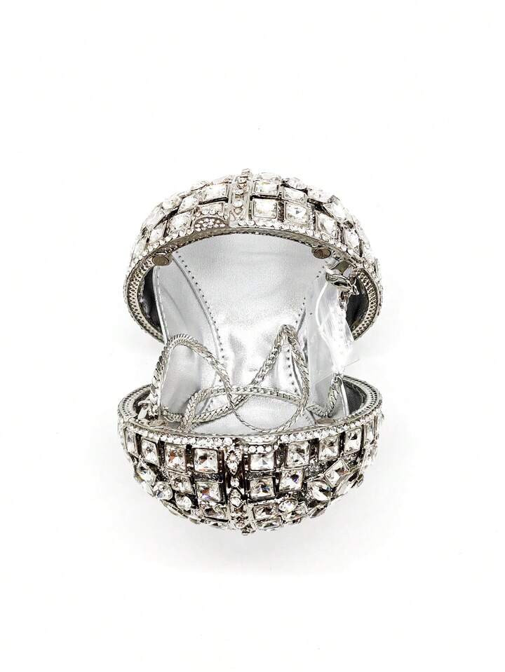 CM-BGS455581 Women Trendy Seoul Style Rhinestone Crystal Ball Shaped Evening Clutch Bag With Chain - Silver