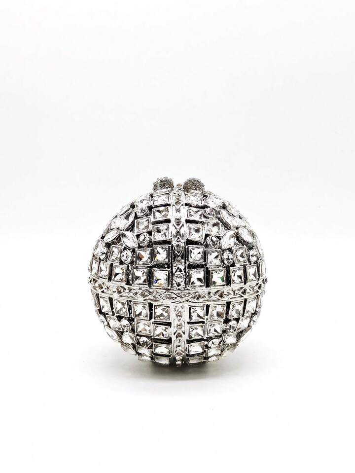 CM-BGS455581 Women Trendy Seoul Style Rhinestone Crystal Ball Shaped Evening Clutch Bag With Chain - Silver