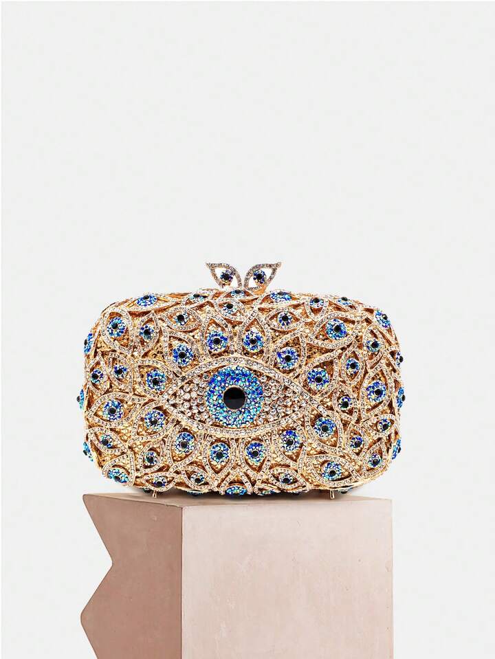 CM-BGS227373 Women Trendy Seoul Style Evil Eye Crystal Rhinestone Blingbling Evening Bag With Chain - Gold